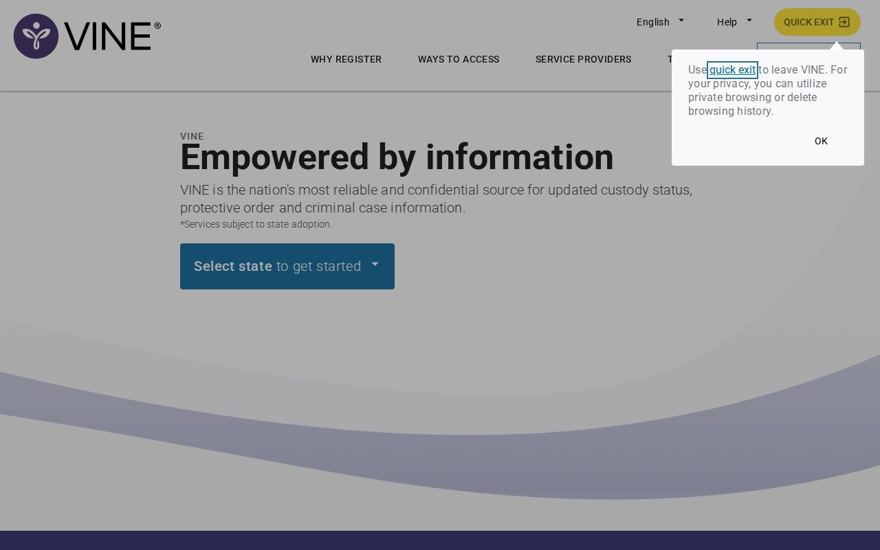 VINELink entry and custody alert registration screen
