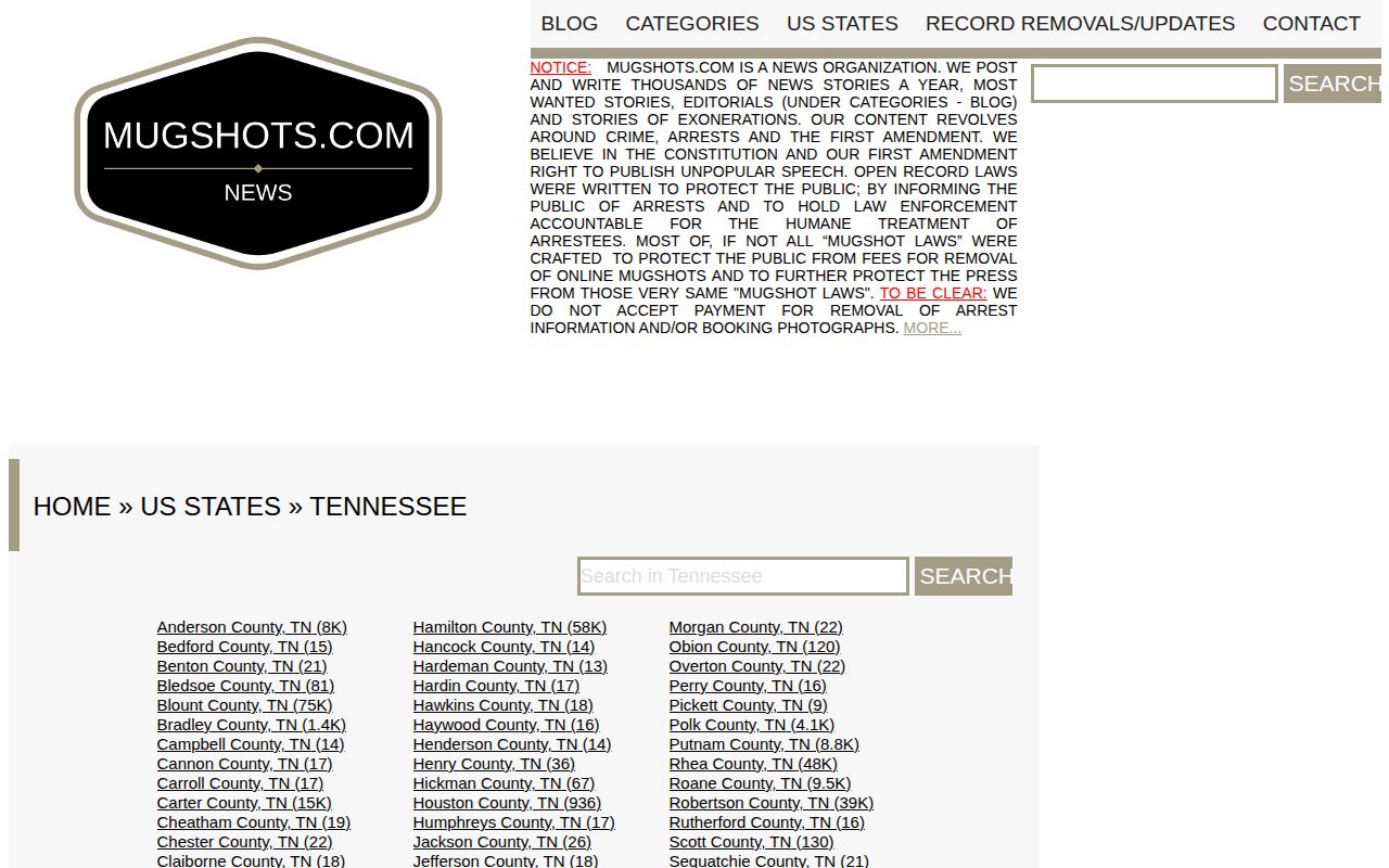 Private Tennessee booking photo index listing Tipton County