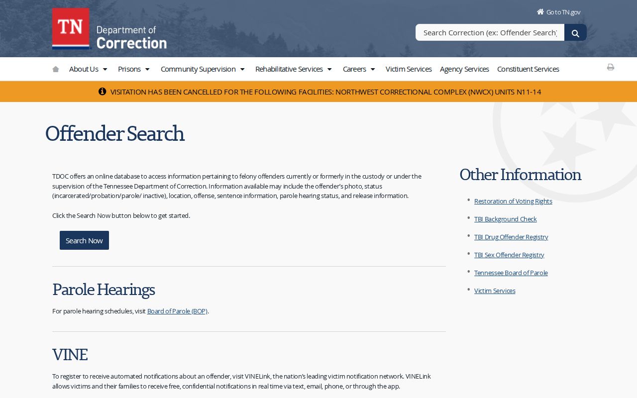 Tennessee DOC FOIL state offender record and photo information