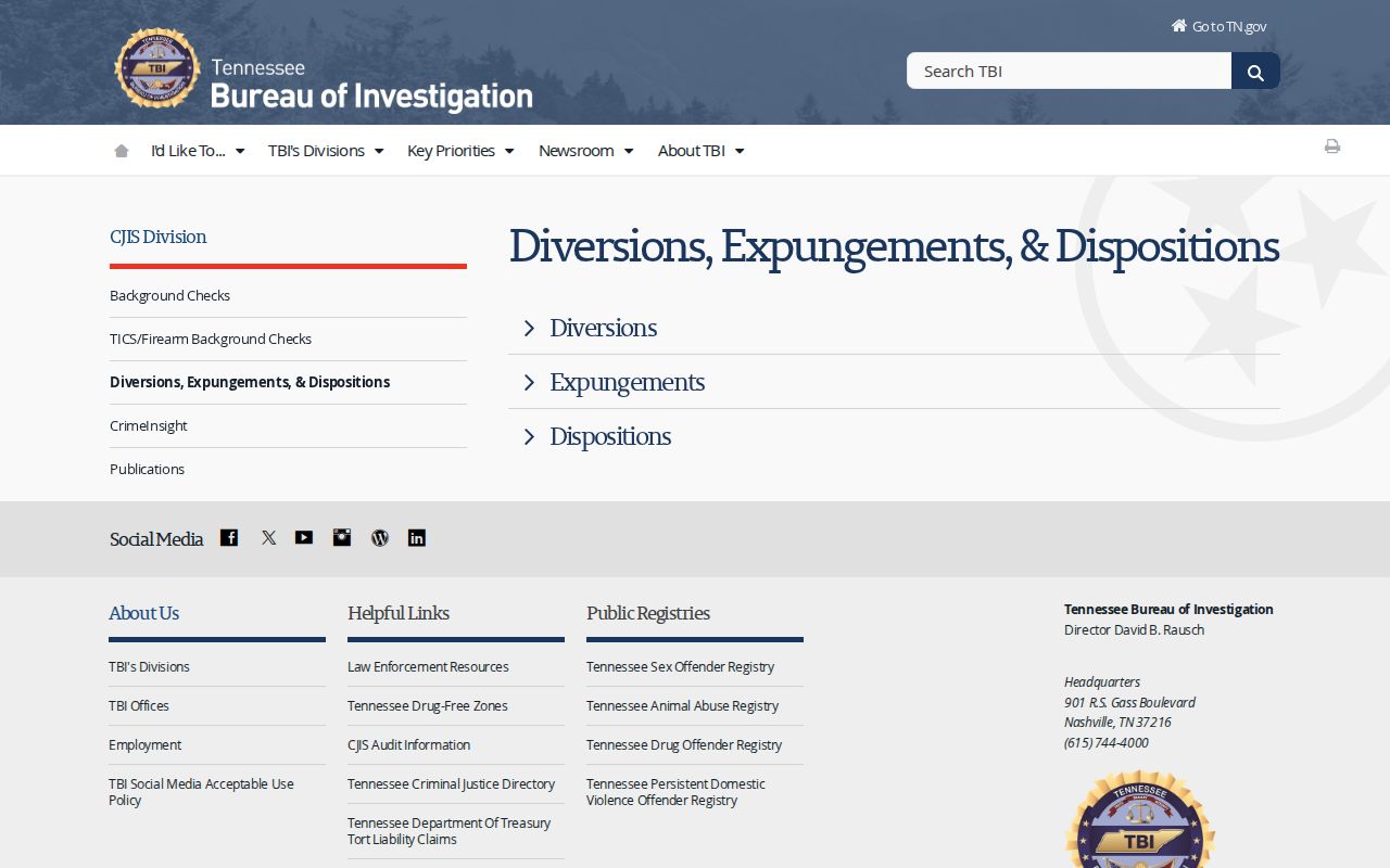 Tennessee TBI expungement guidance for arrest records